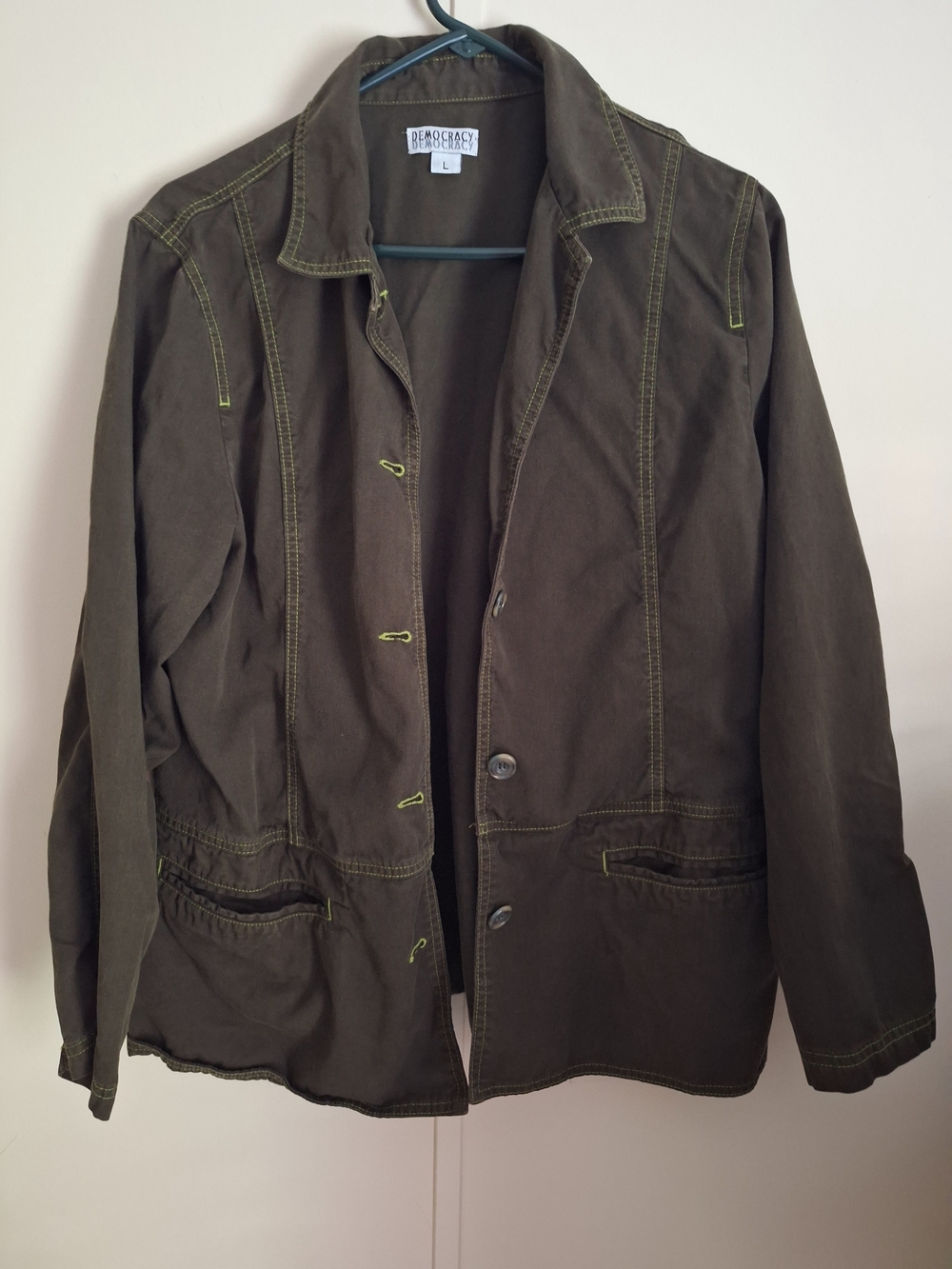 Democracy Olive Green Utility Jacket with Contrast Stitching